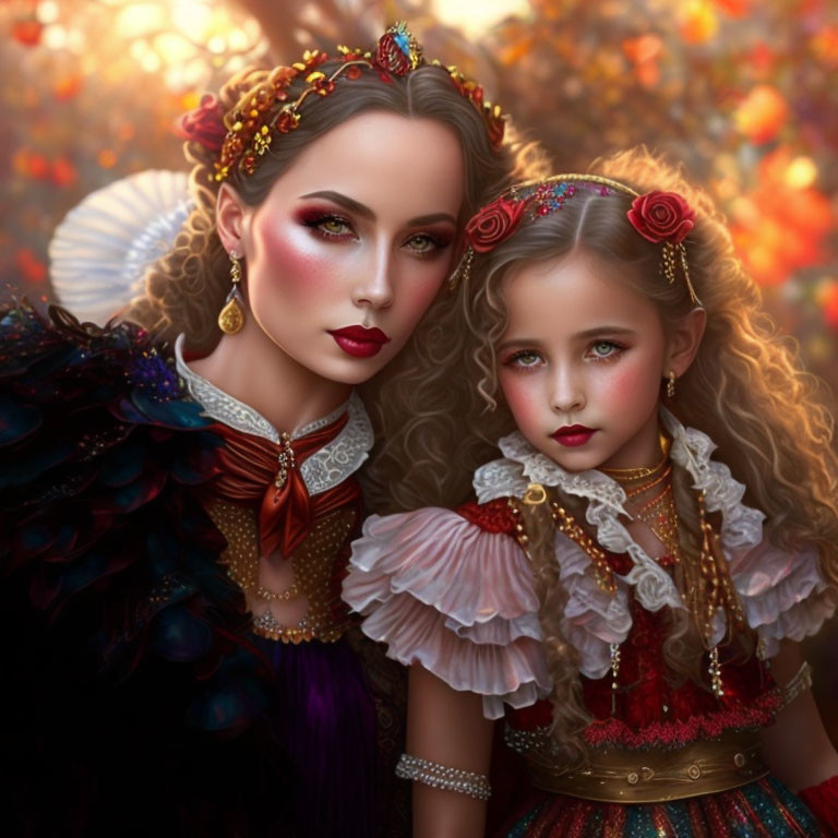 Medieval-inspired female characters in ornate attire against autumn backdrop