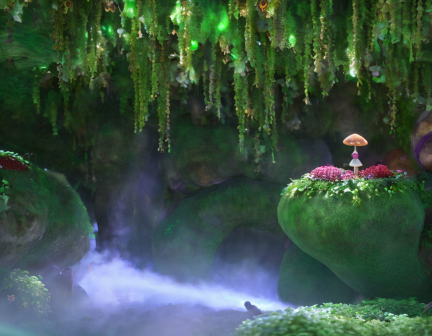 Enchanted forest scene with glowing mushroom, mossy rock, mist, vines, and greenery