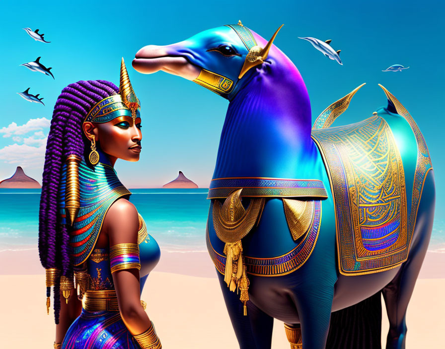 Ancient Egyptian woman with camel on beach near pyramids