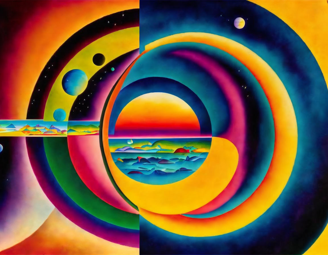 Surreal landscape with concentric circles, cosmic bridge, exotic worlds, ocean, sunset