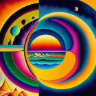 Surreal landscape with concentric circles, cosmic bridge, exotic worlds, ocean, sunset