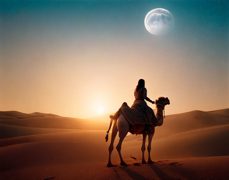 Camel rider crossing sand dunes under large moon at dusk