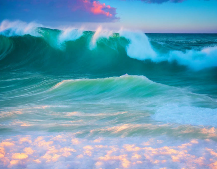 Colorful ocean waves blending turquoise and green under a vibrant sky