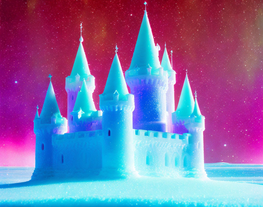 Illuminated castle with neon lights under starry sky