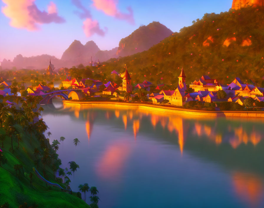 Vibrant sunset illuminating colorful village by calm river