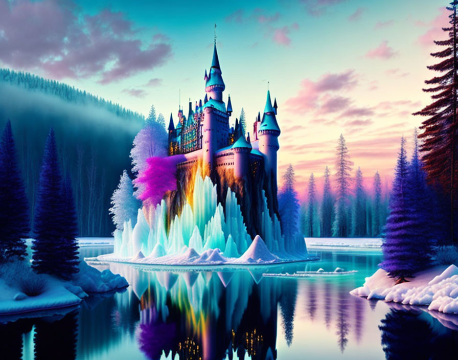 Fantastical castle on icy outcrop by serene lake at twilight