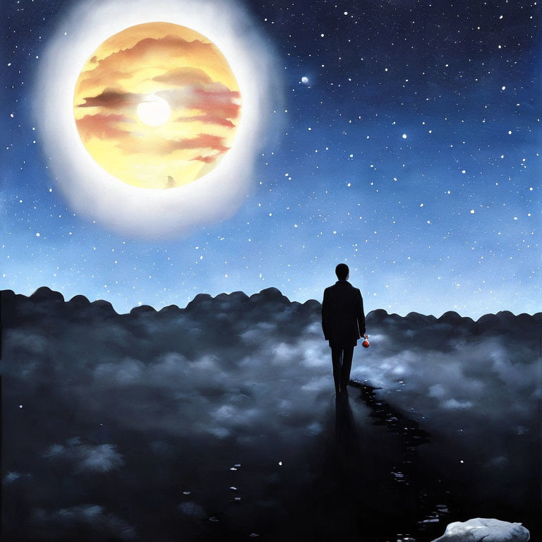 Person on narrow path under luminous moon with red rose