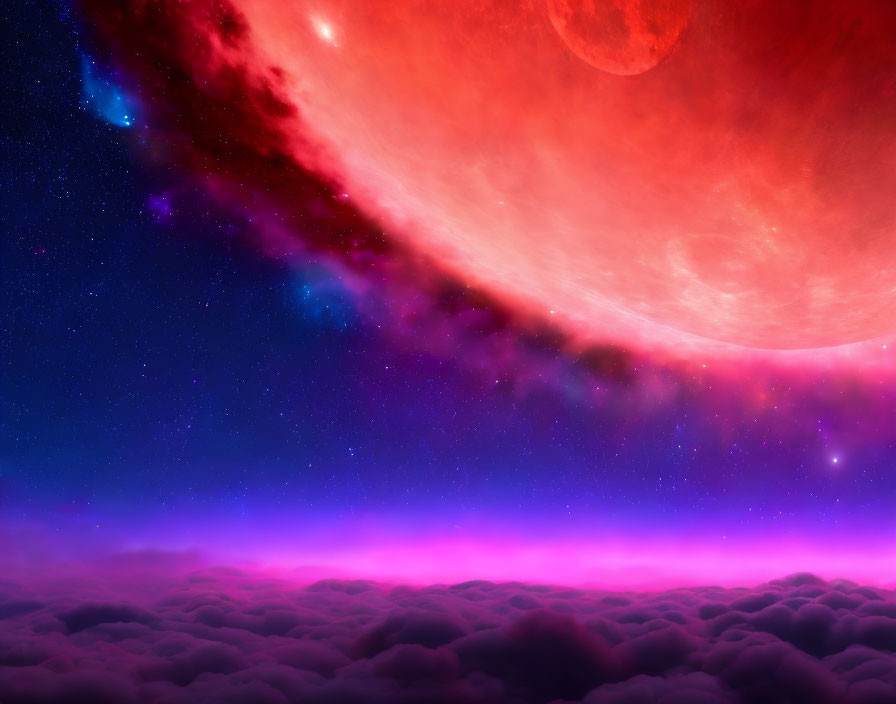 Large red planet in cosmic scene with purple clouds and starry sky