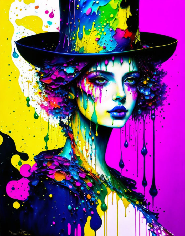 Colorful digital artwork: Female figure with dripping paint effect in purple, yellow, and blue on mag