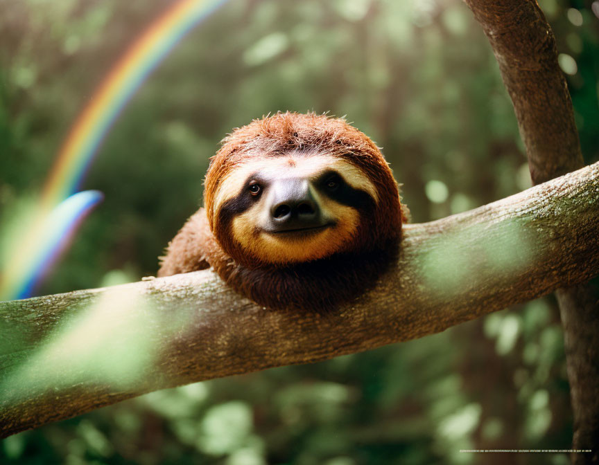 Gentle sloth resting on tree branch with forest backdrop and rainbow.