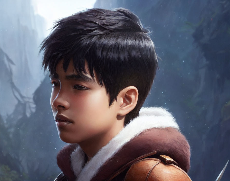 Young boy in fur-collared jacket against misty mountains