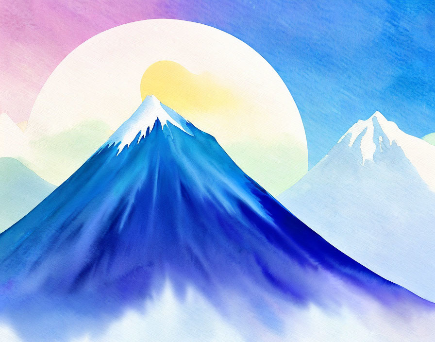 Vibrant mountain painting with colorful sunset or sunrise gradient