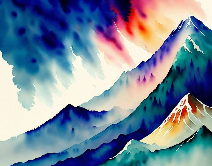 Vibrant watercolor painting of mountains at sunset