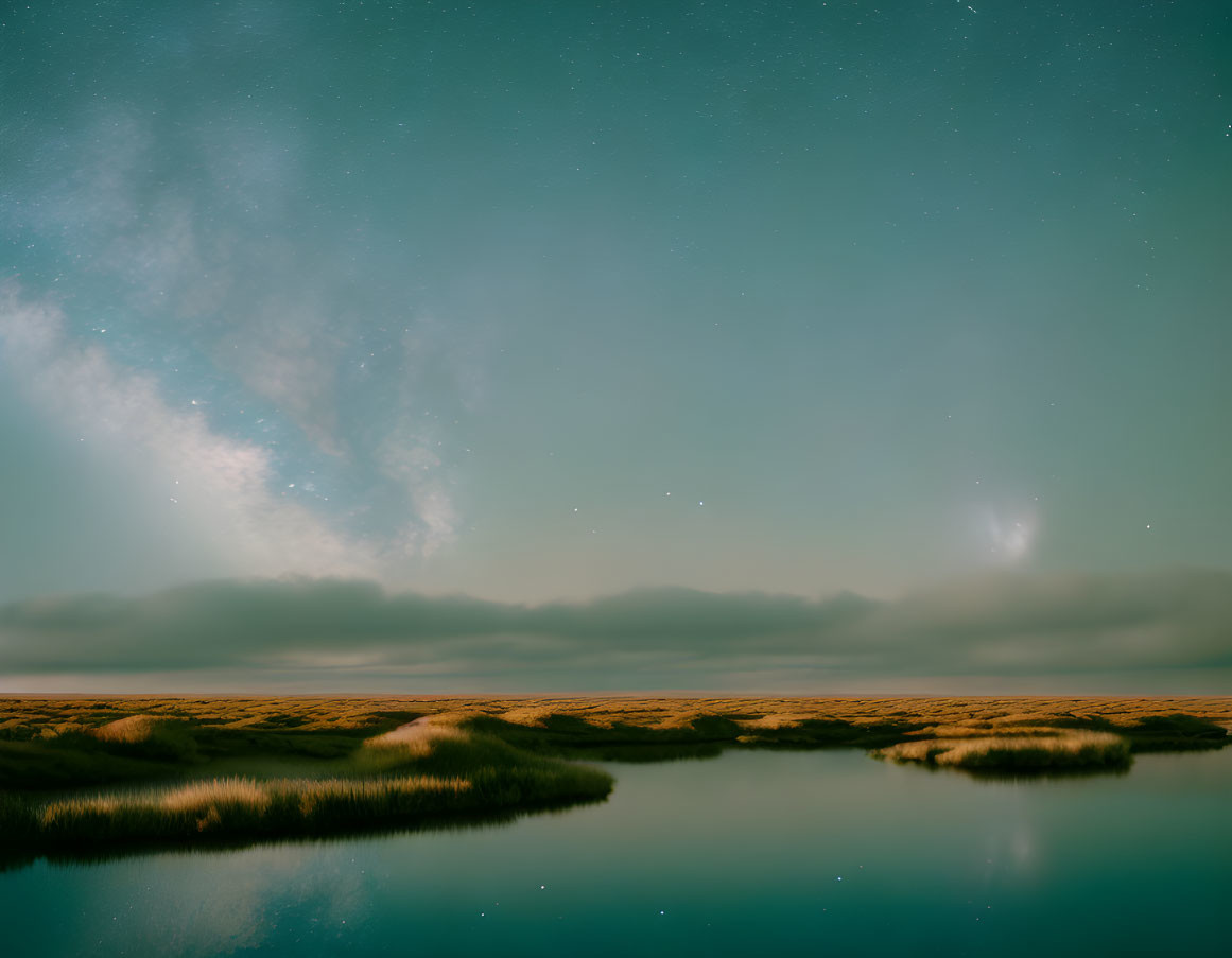 Tranquil night sky over calm lake and grassy terrain