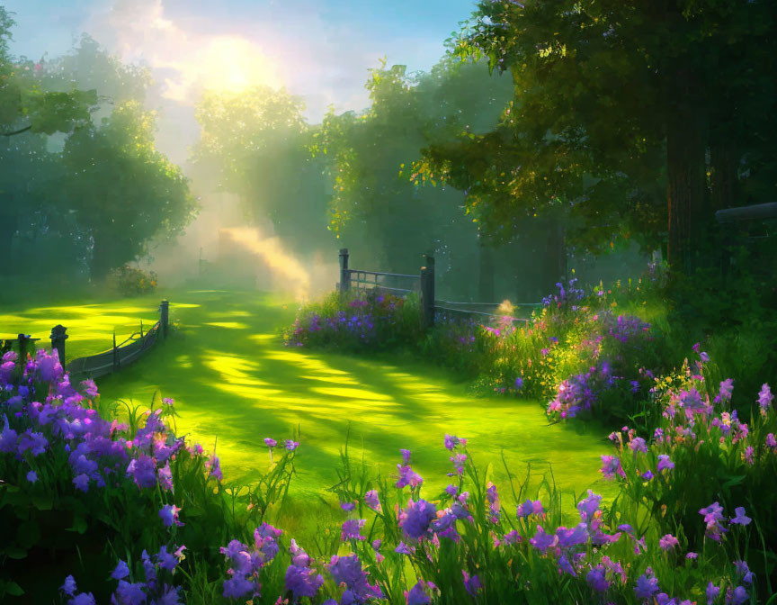 Sunlit meadow with purple flowers, wooden fence, and dreamlike atmosphere.