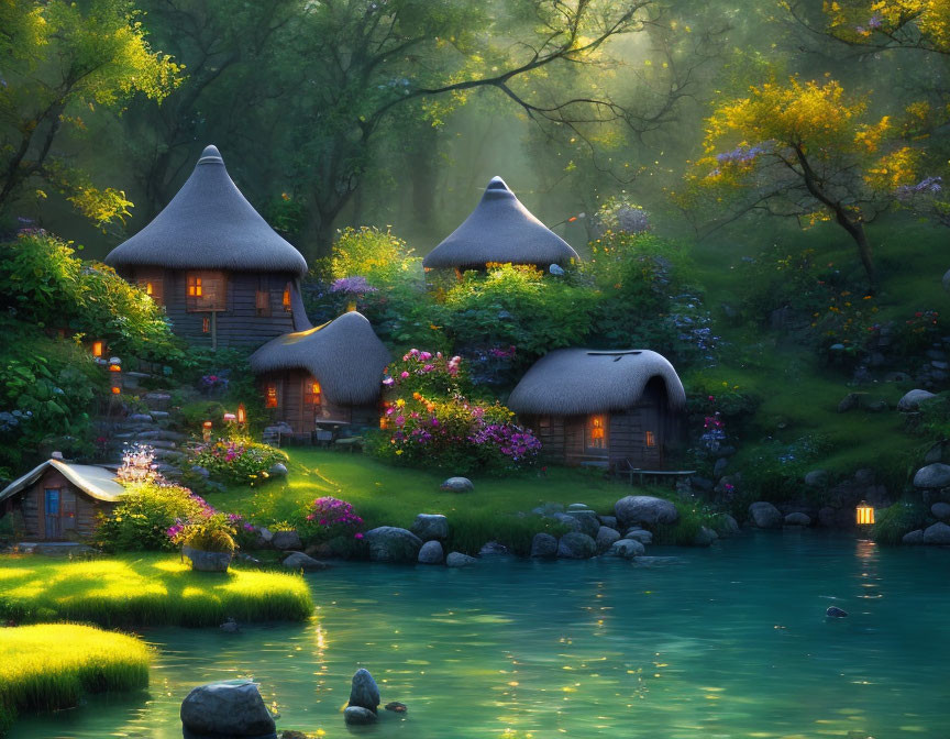 Tranquil pond with thatched cottages and glowing lights