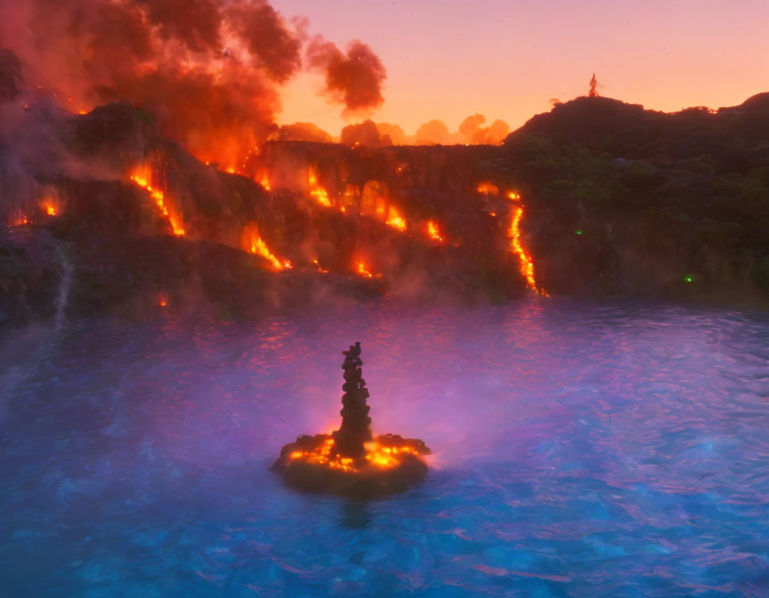 Volcanic landscape with flowing lava in misty twilight