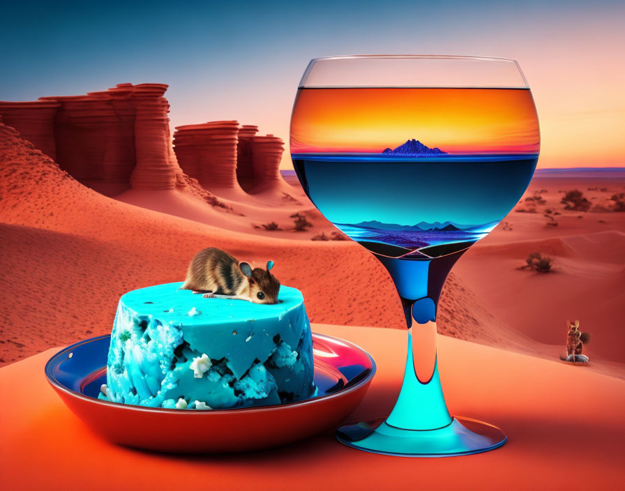 Surreal image: mouse on blue cheese, wine glass, mountain landscape, desert backdrop