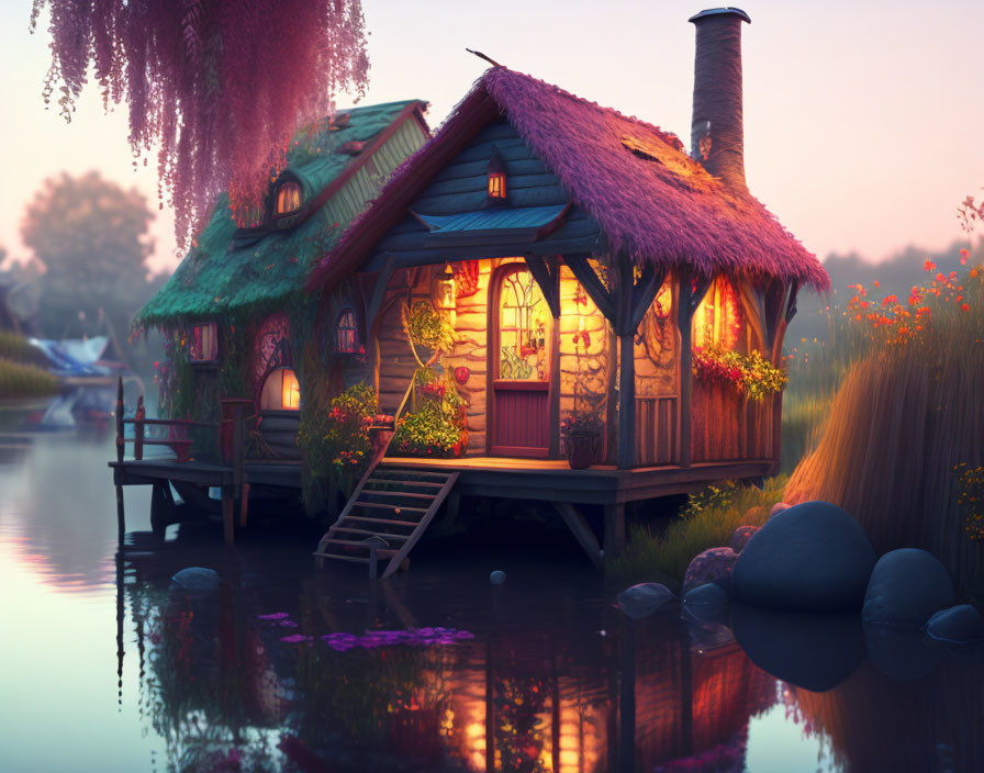 Thatched Roof Cottage by River at Dusk with Illuminated Windows