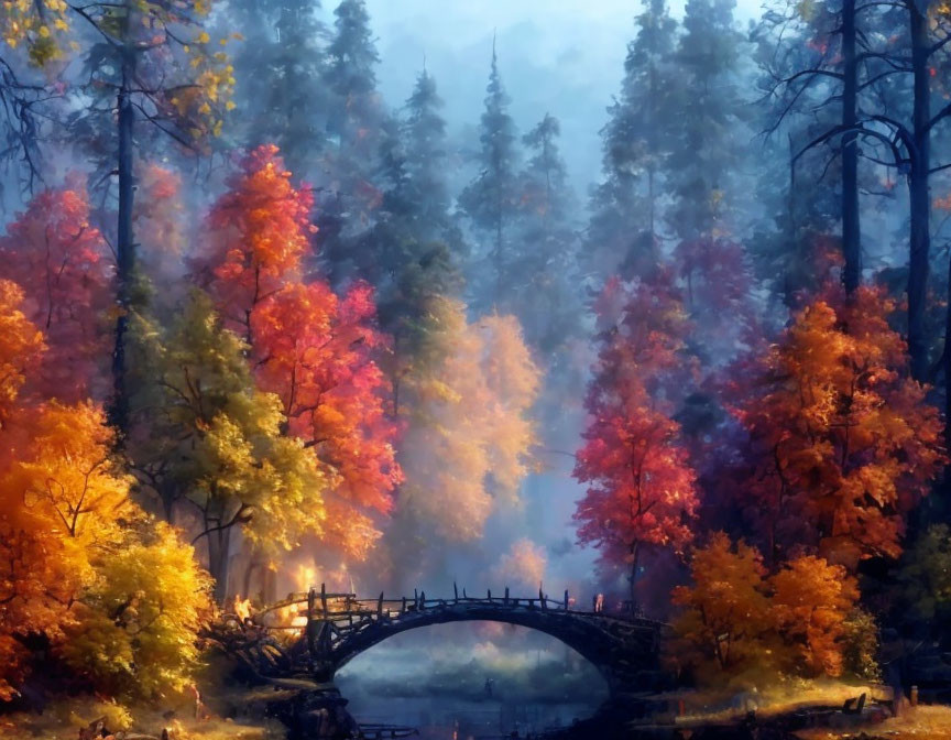 Vibrant red and yellow autumnal forest with misty atmosphere and stone bridge