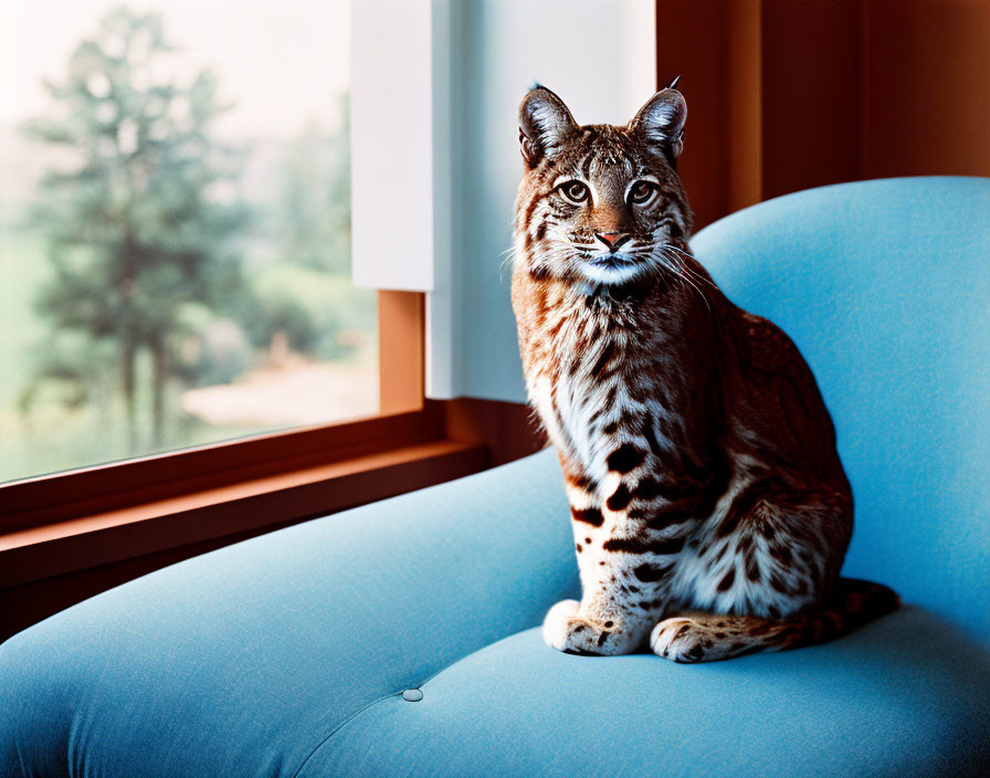 Bobcat Sitting on Blue Couch by Window with Tree View