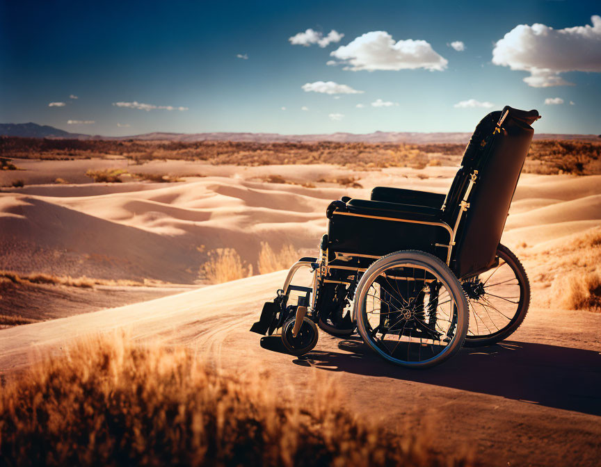 Wheelchair on sandy path with desert dunes and dusky sky