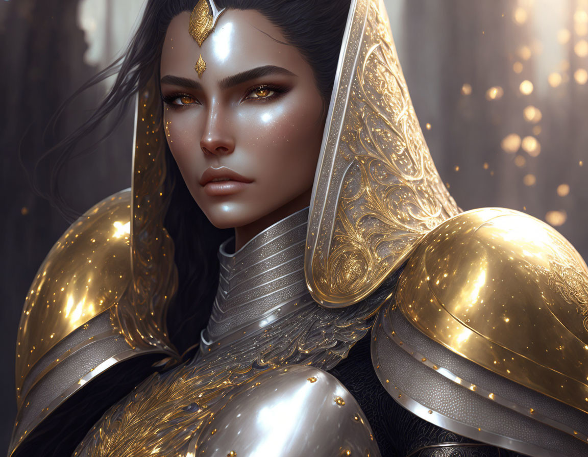 Warrior in Golden Armor Amidst Shimmering Lights