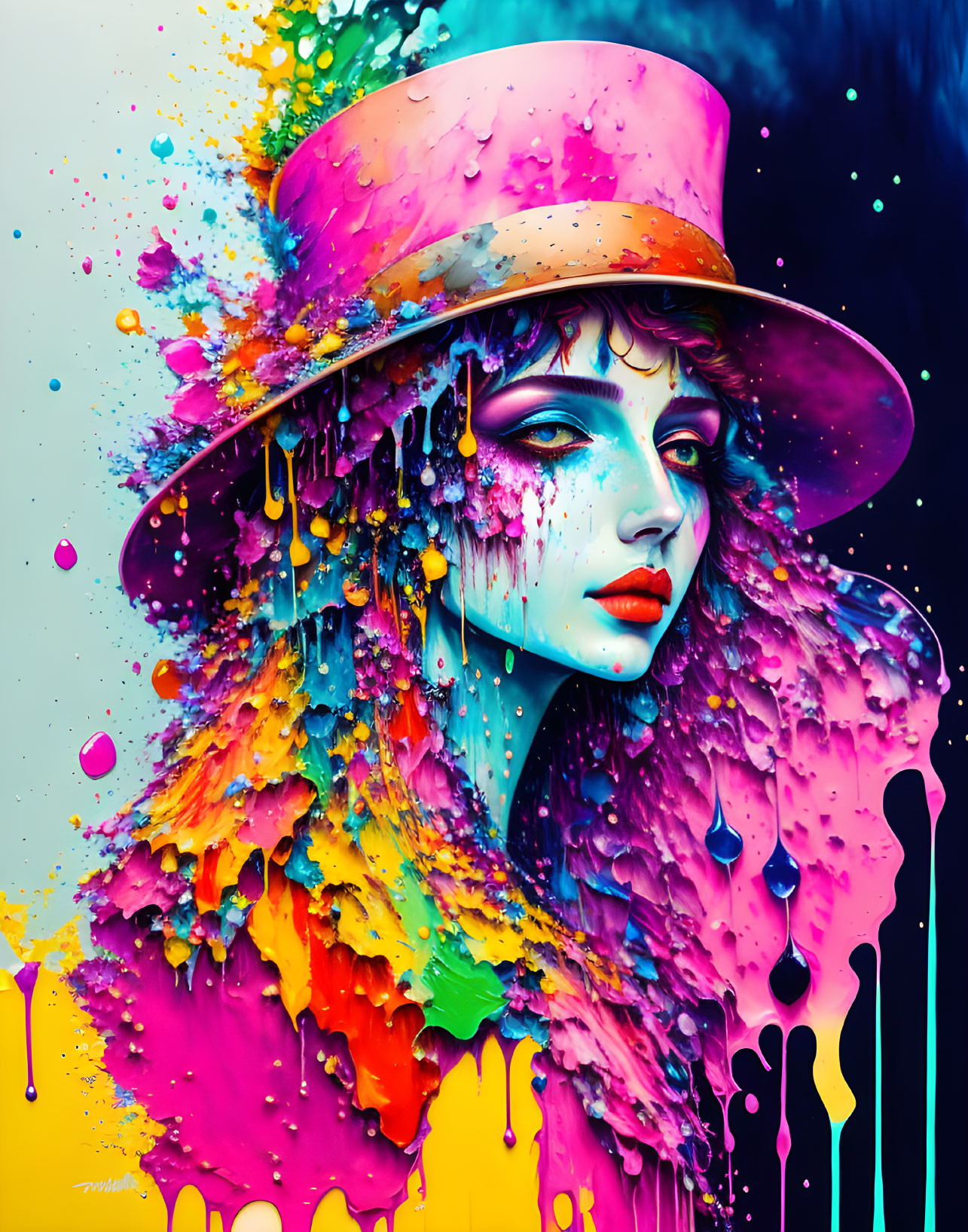 Vibrant melting effect portrait with large hat and dripping paint details