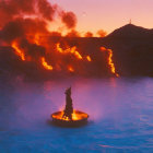 Volcanic landscape with flowing lava in misty twilight