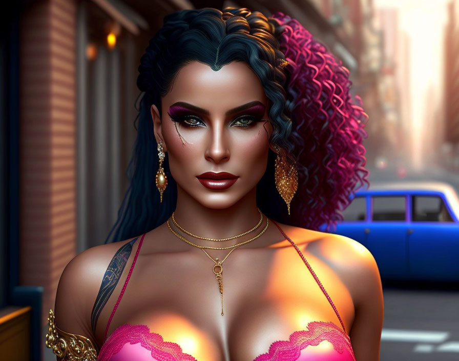 Vibrant digital art portrait of woman with blue and pink curly hair and bold makeup