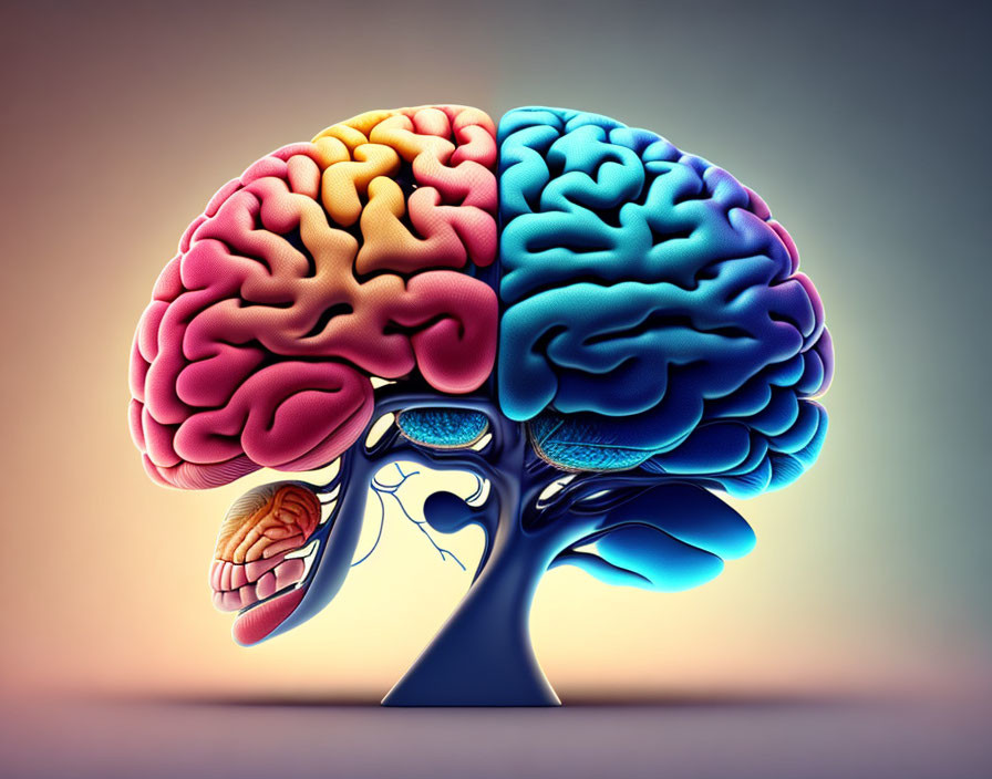 Vibrant dual-colored human brain illustration with visible structures