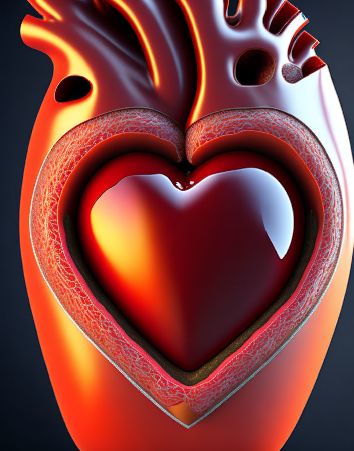 Detailed Stylized Human Heart Illustration on Dark Background