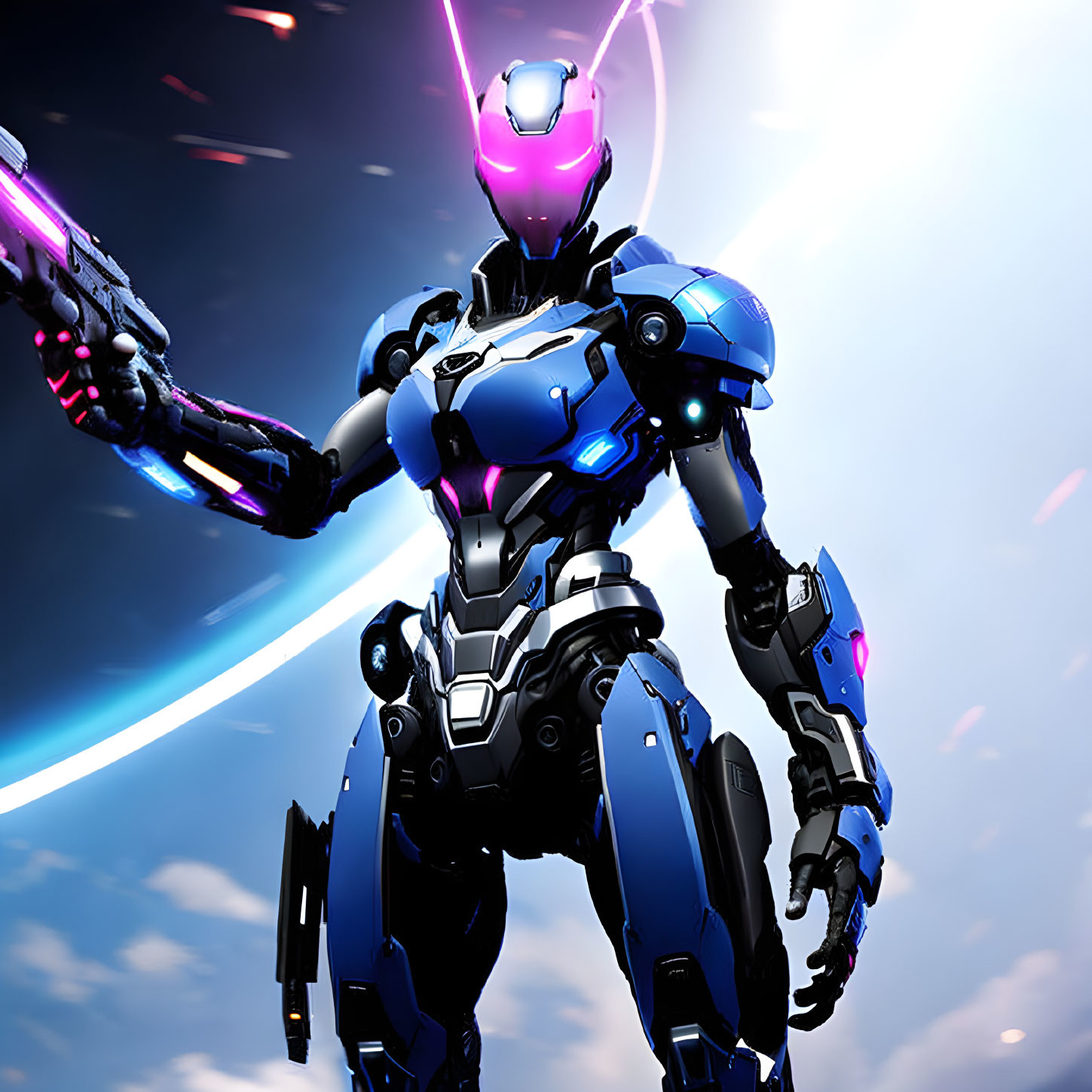 Futuristic robot with blue and pink lights on abstract background