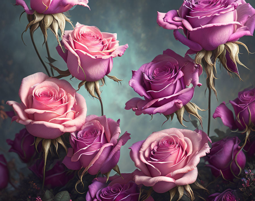 Vibrant pink roses in full bloom against dark teal backdrop