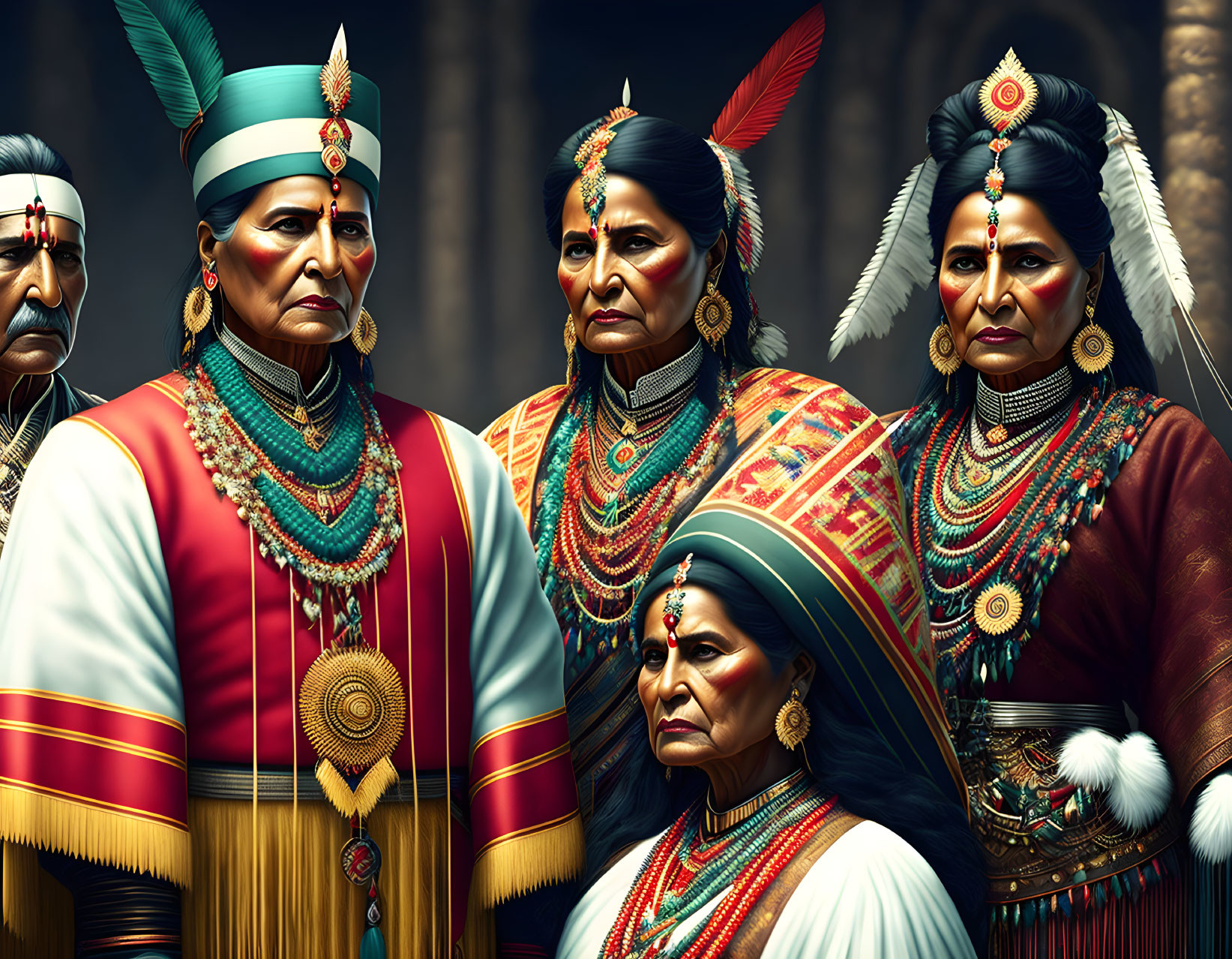 Four indigenous people in traditional attire with headdresses