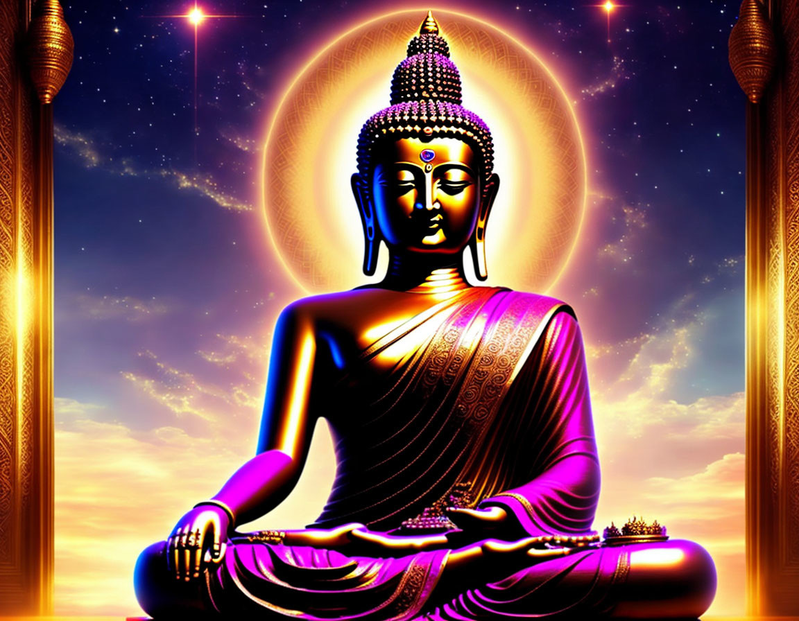 Seated Buddha in Meditation with Glowing Aura and Celestial Background