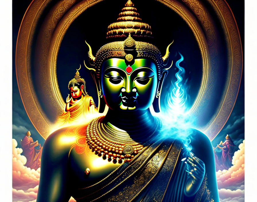 Vibrant portrayal of multi-faced deity with traditional attire and glowing chest energy.