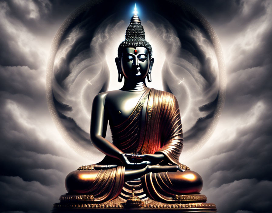 Golden-robed Buddha statue meditating under full moon and glowing aura