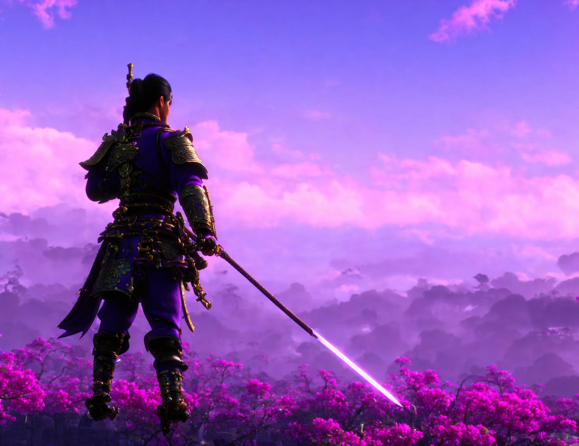 Traditional armored warrior with sword in field of pink flowers under purple sky