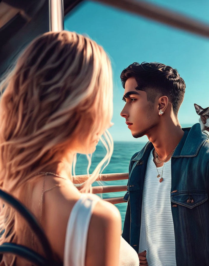 Young man and woman with blond hair on a boat by the sea.