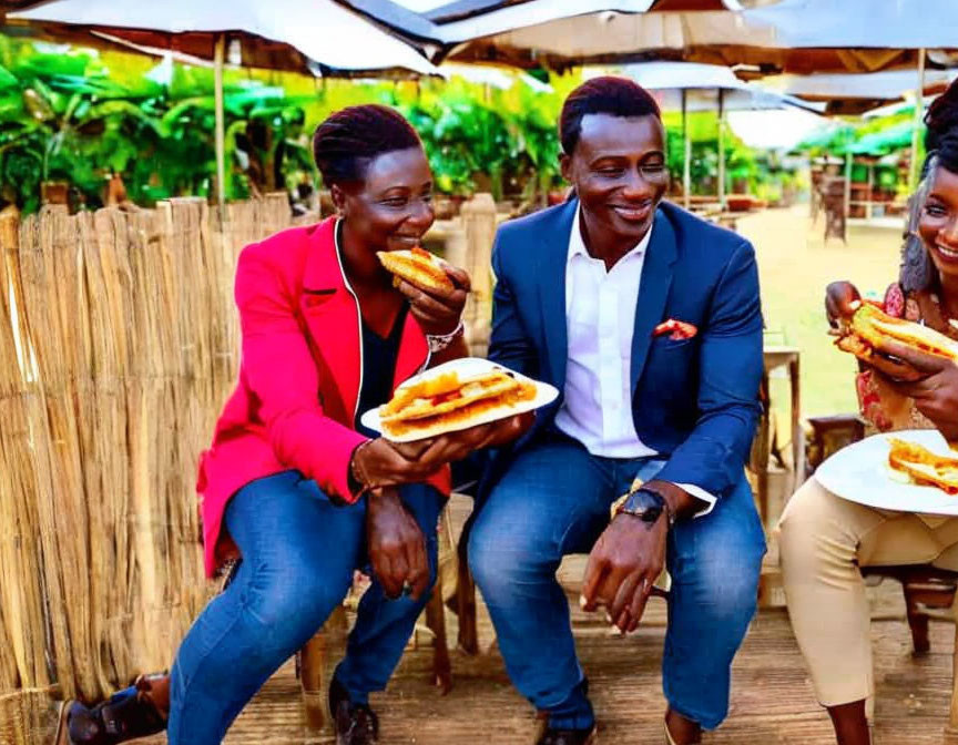 Group of Three People Enjoying Outdoor Meal with Large Sandwiches