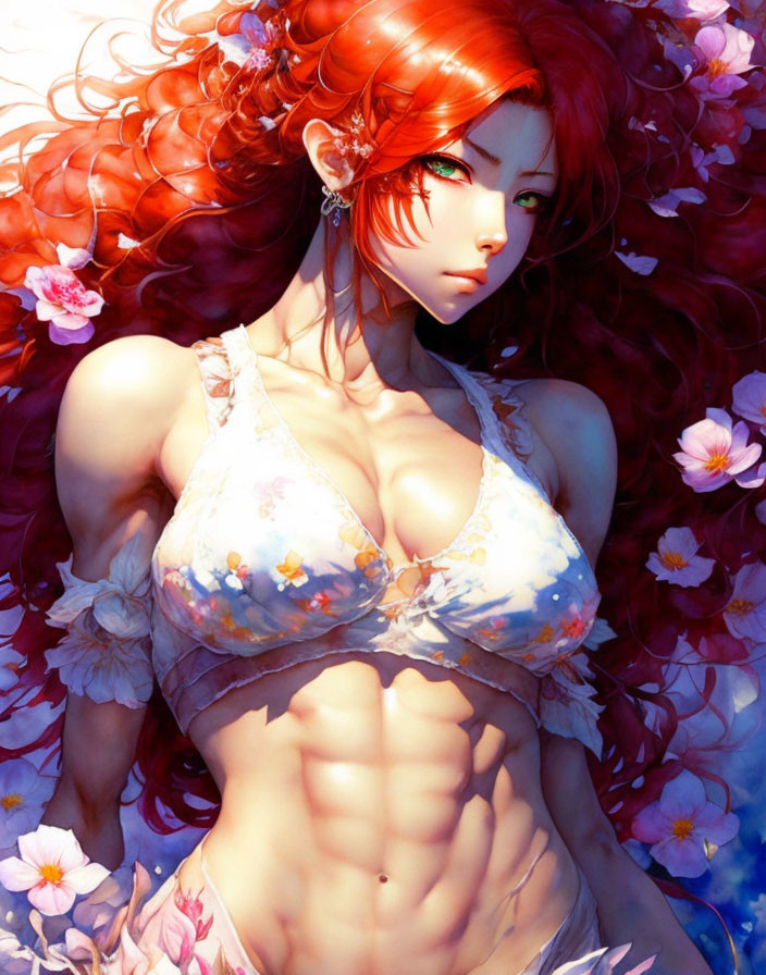 Colorful illustration of woman with red hair and green eyes in floral setting