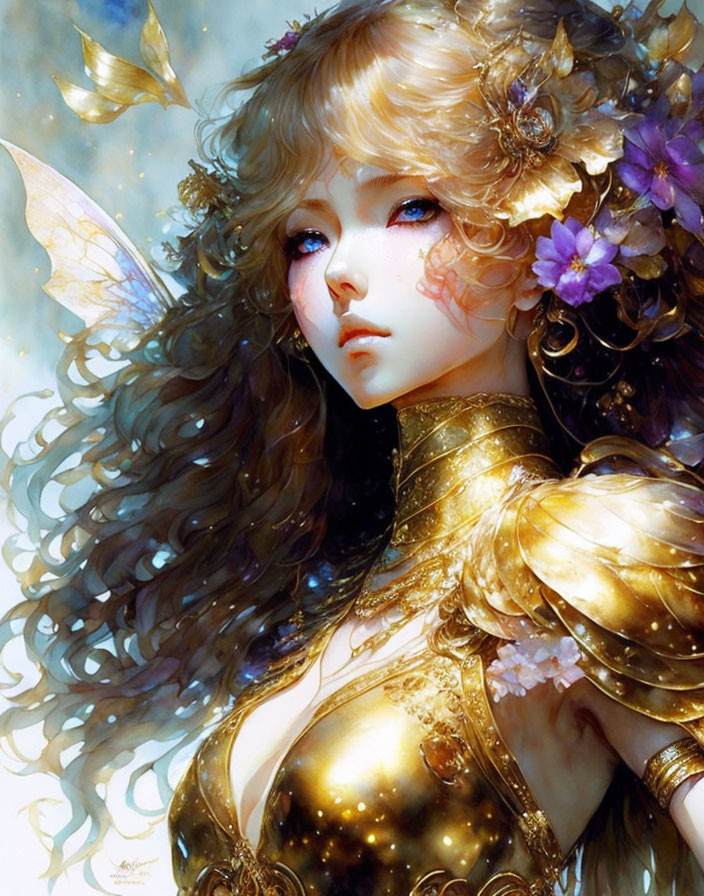 Fantasy creature with golden armor and floral adornments