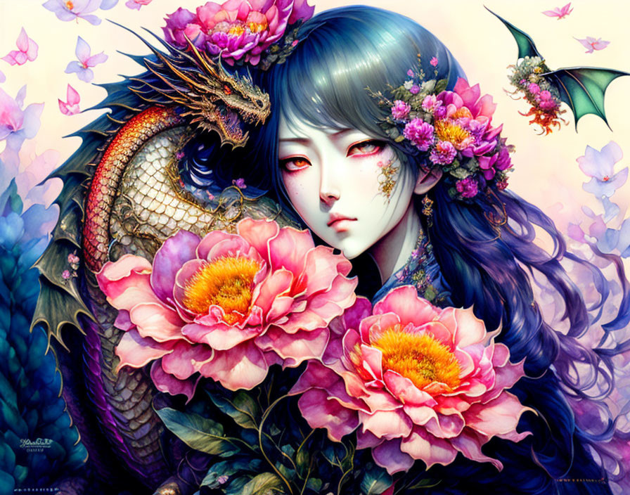 Fantasy illustration: Person with blue hair and dragon in vibrant floral setting