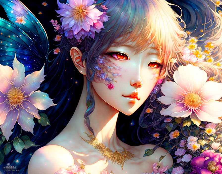 Anime-style portrait: character with red eyes, floral motifs in hair, vibrant flower backdrop