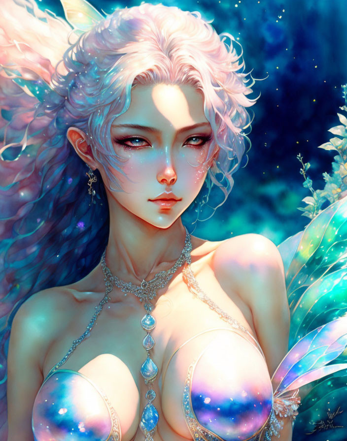 Fantasy female character with pointed ears and white hair in celestial setting