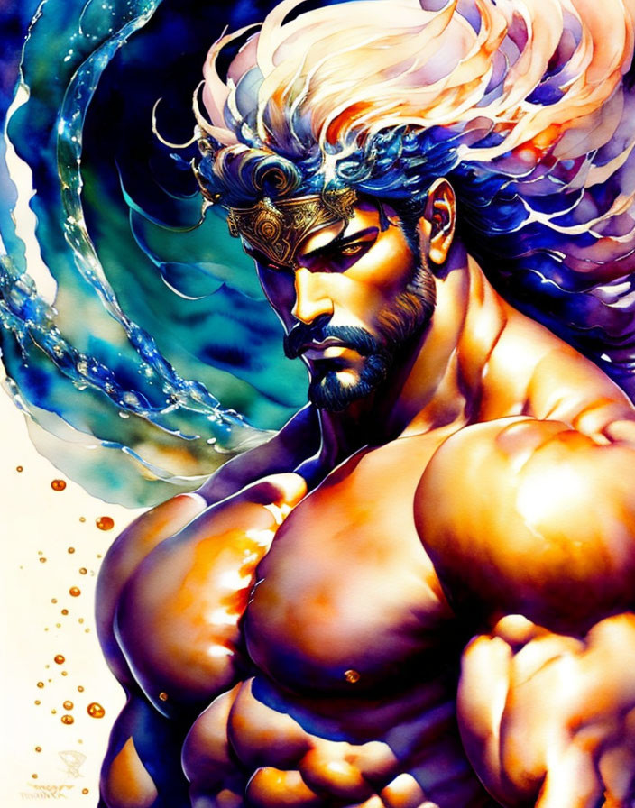 Muscular, Bearded Character with Golden Crown in Swirling Water