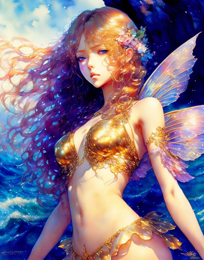 Fantasy illustration of golden-haired fairy with translucent wings in vibrant blue background