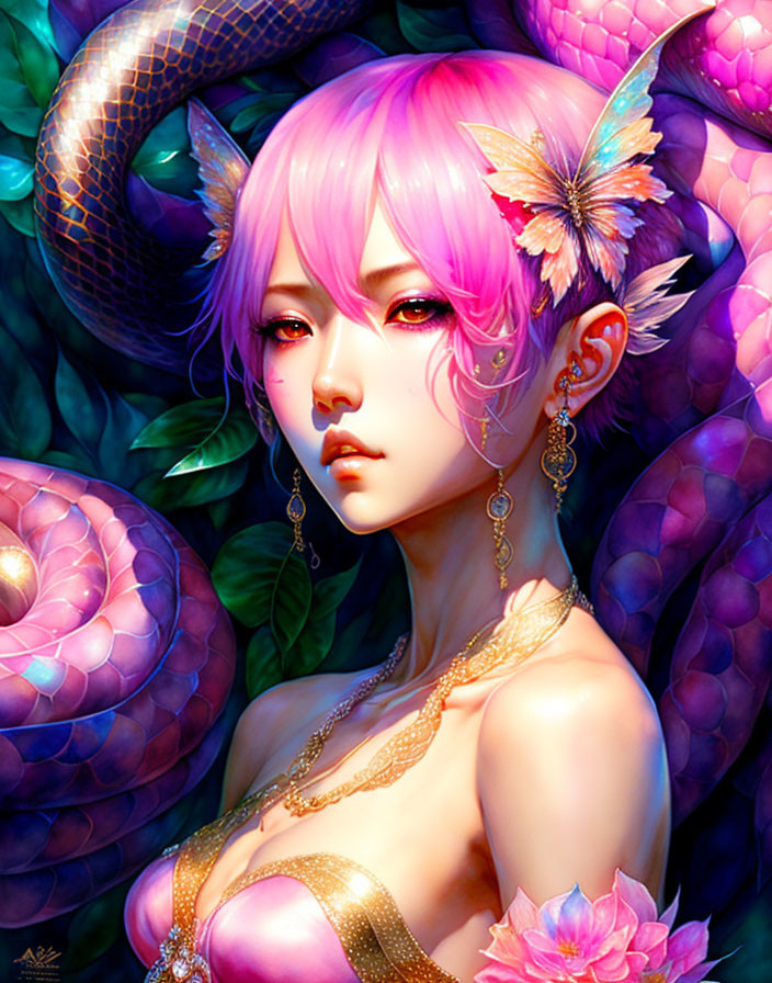 Fantasy character with pink hair, pointed ears, butterfly wings, and serpent companion