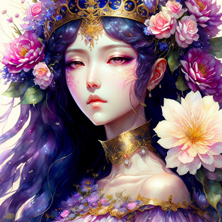 Ethereal woman with violet hair in floral crown among lush flowers